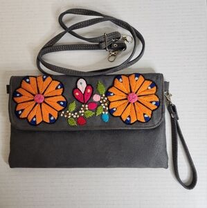 Peruvian gray leather with multi color embroidered flowers purse